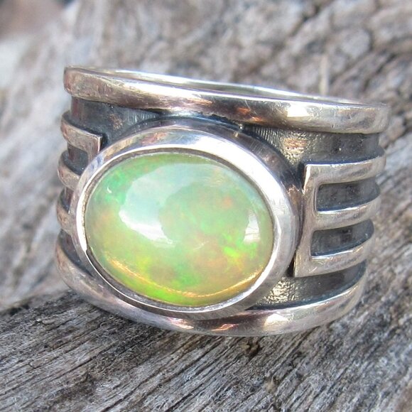 Beautiful Flashy Sterling Silver Large Opal Ring Wide Band Size 7 Fits 6.5-6.75 - Picture 5 of 16